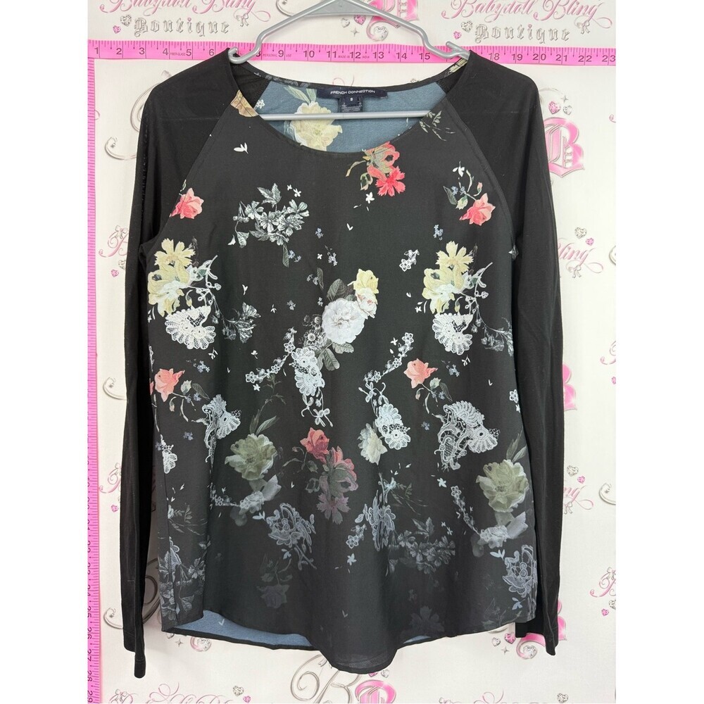 French Connection top Black Floral Raglan Long Sleeve Top